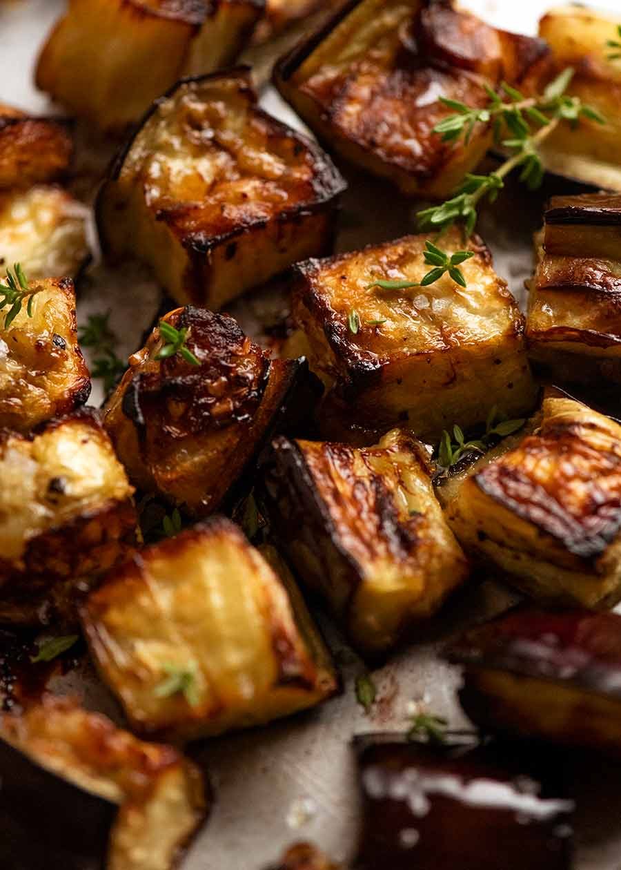 Oven-Roasted Eggplant with Garlic Tomato Sauce and Feta Crumble