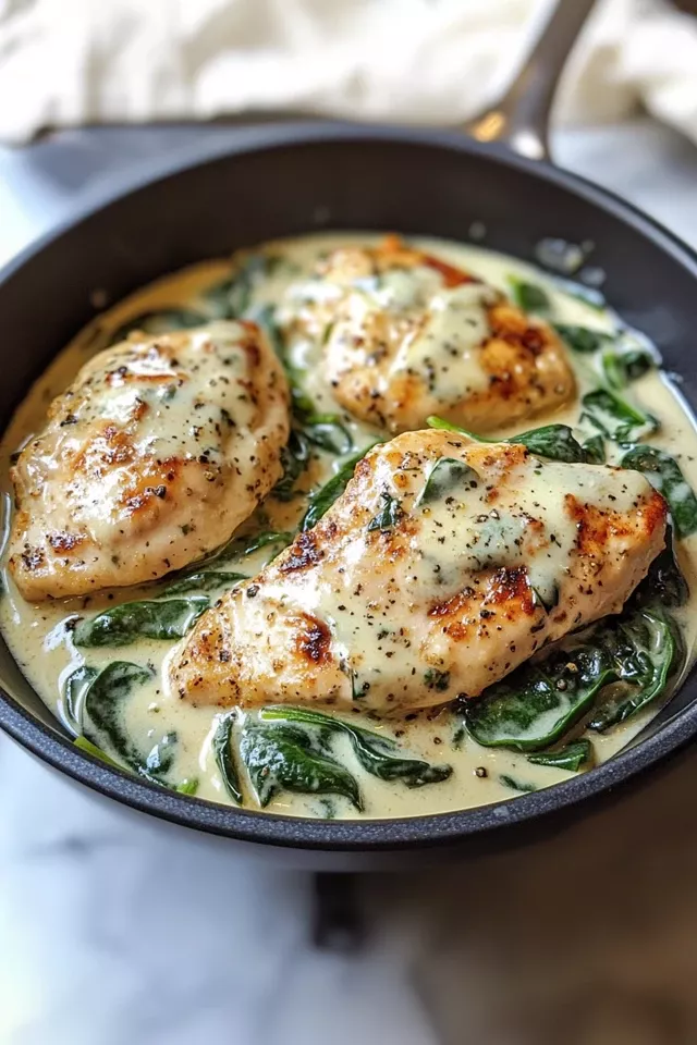 Sautéed Chicken with Garlic and Spinach in White Wine Sauce