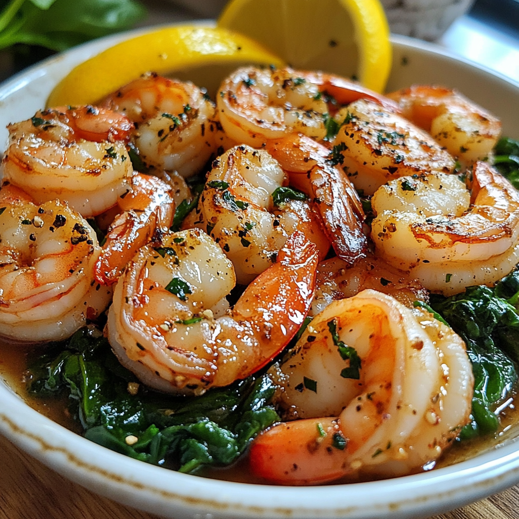 Sautéed Shrimp with Garlic, Spinach, and Cherry Peppers
