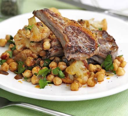Sheet Pan Harissa-Spiced Lamb Chops with Roasted Chickpeas