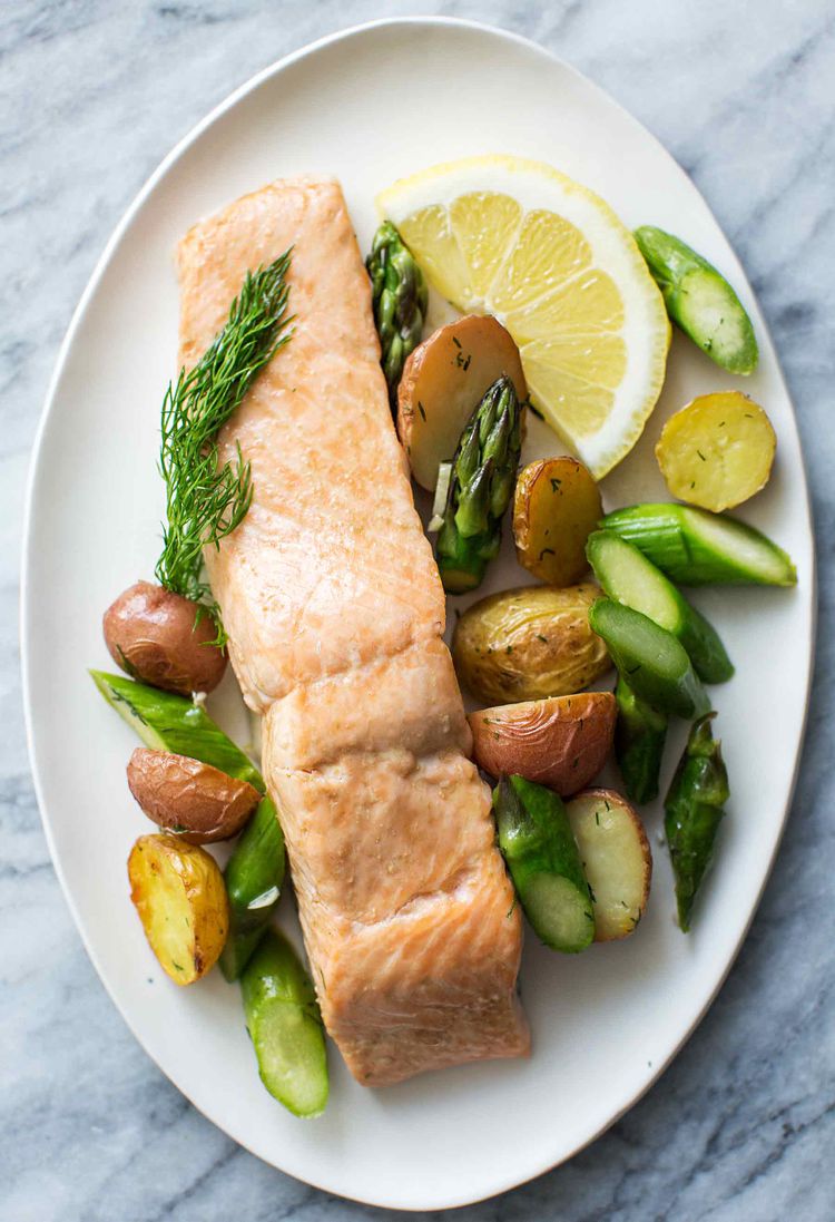 Oven-Roasted Salmon with Dill-Cucumber Salad and Asparagus